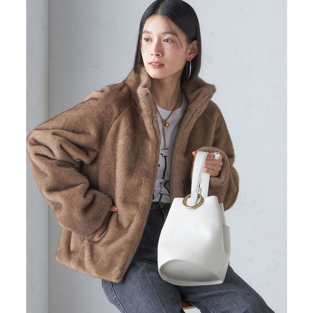 シップス SHIPS フェイク ファー スタンドカラー ブルゾン （ライト