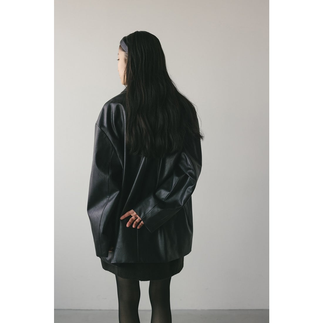 STYLEMIXER ステンカラーフェイクレザージャケット BLK -ファッション