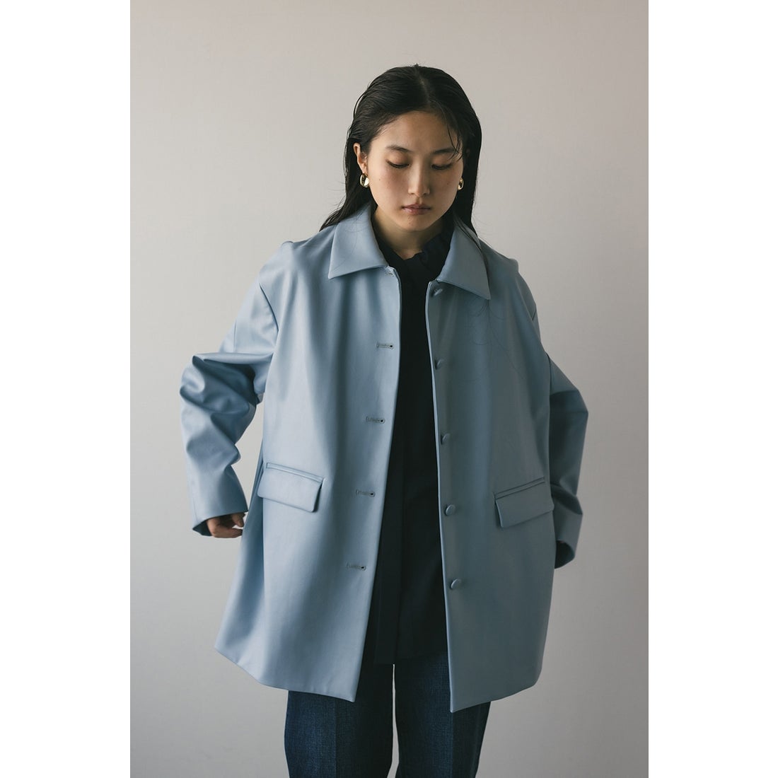 STYLEMIXER ステンカラーフェイクレザージャケット SAX -ファッション