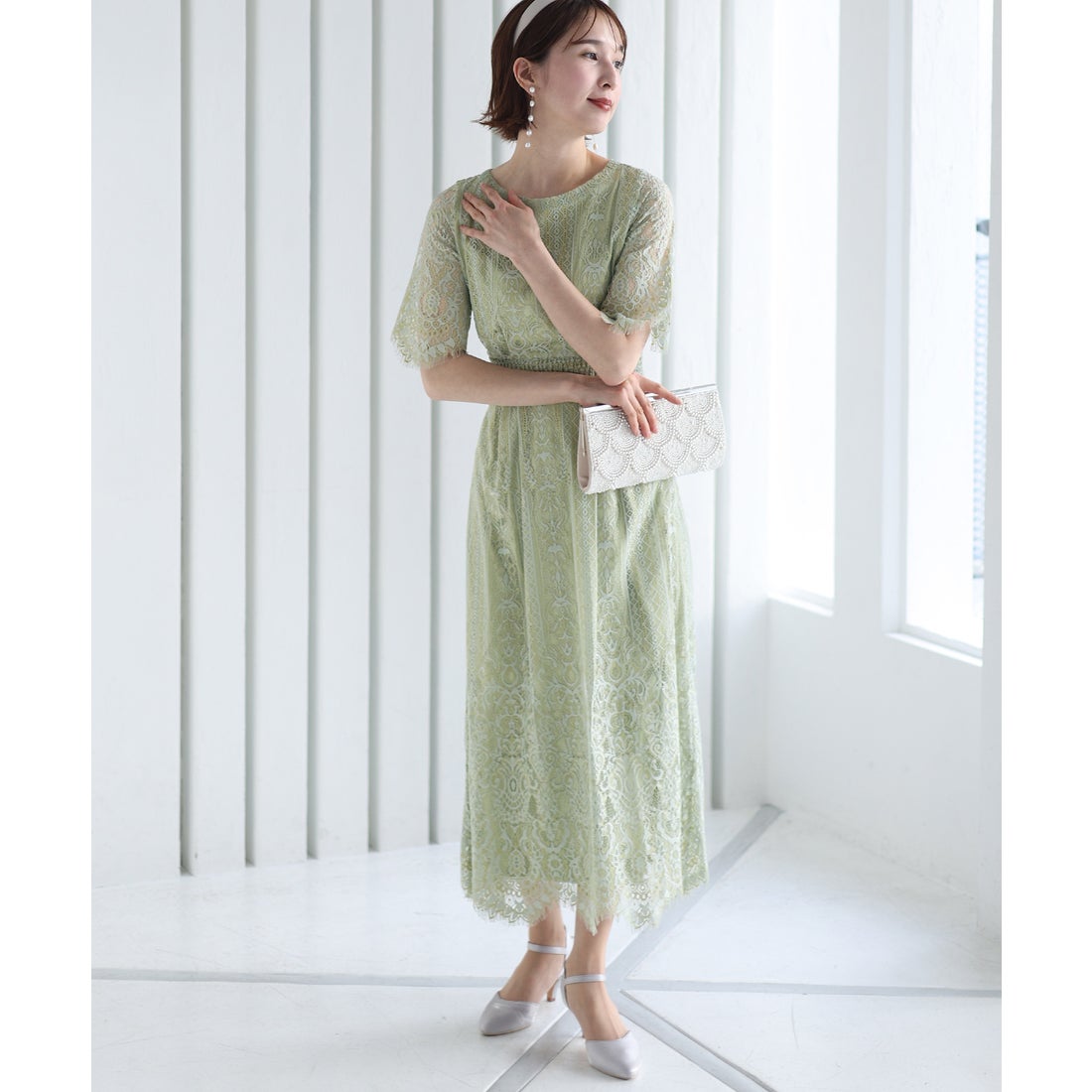 プールヴー PourVous 結婚式ワンピースドレススカラップ袖あり&ミモレ