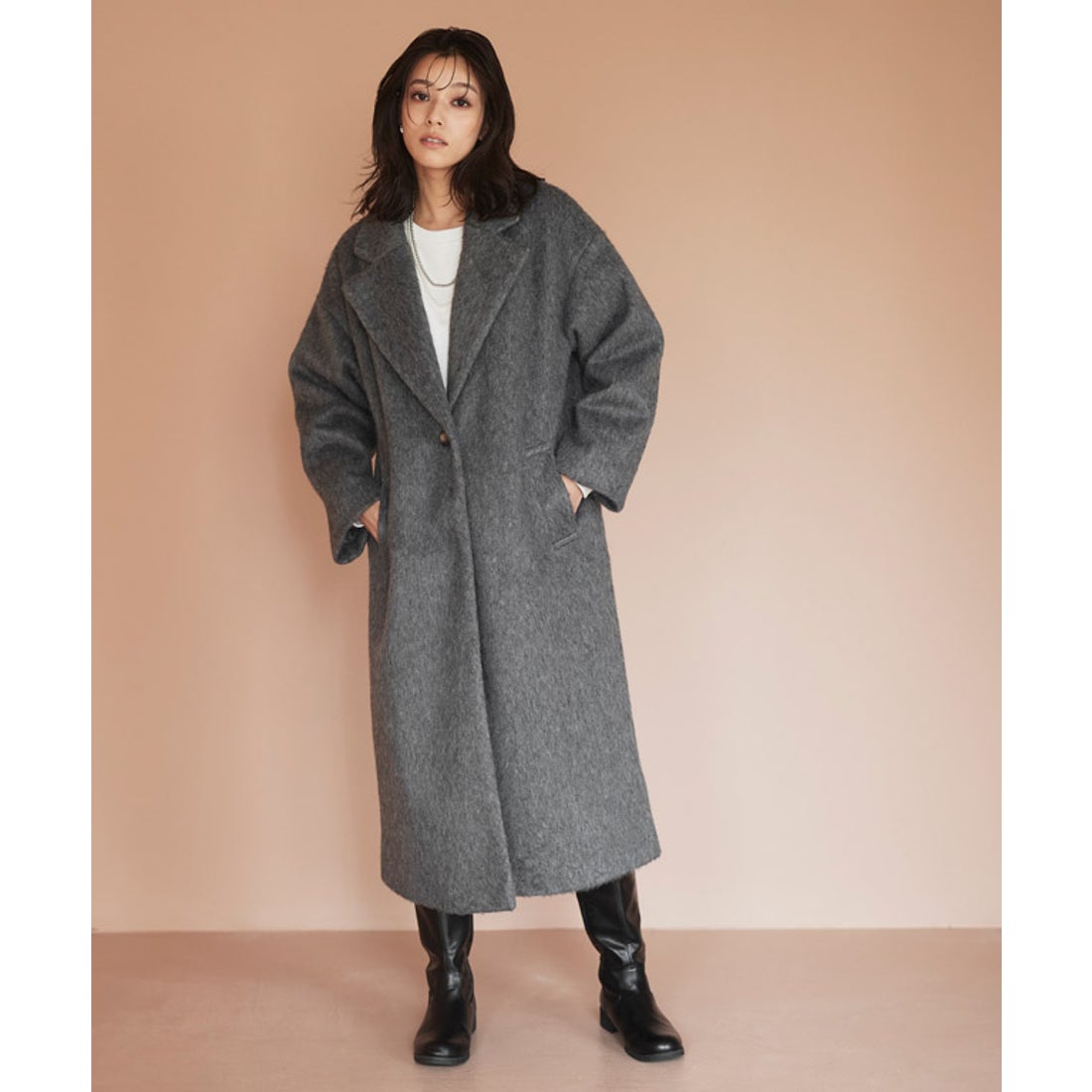 Pierrot シャギーロングチェスターコート （ダークブラウン） -靴