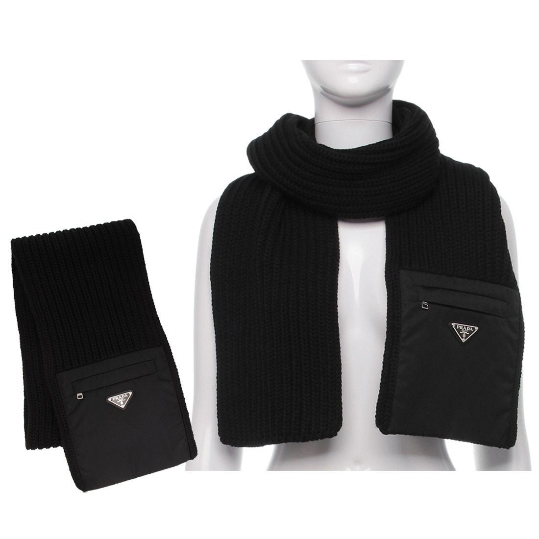 プラダ PRADA マフラー ロゴプレート カシミヤ ポケット付き ブラック