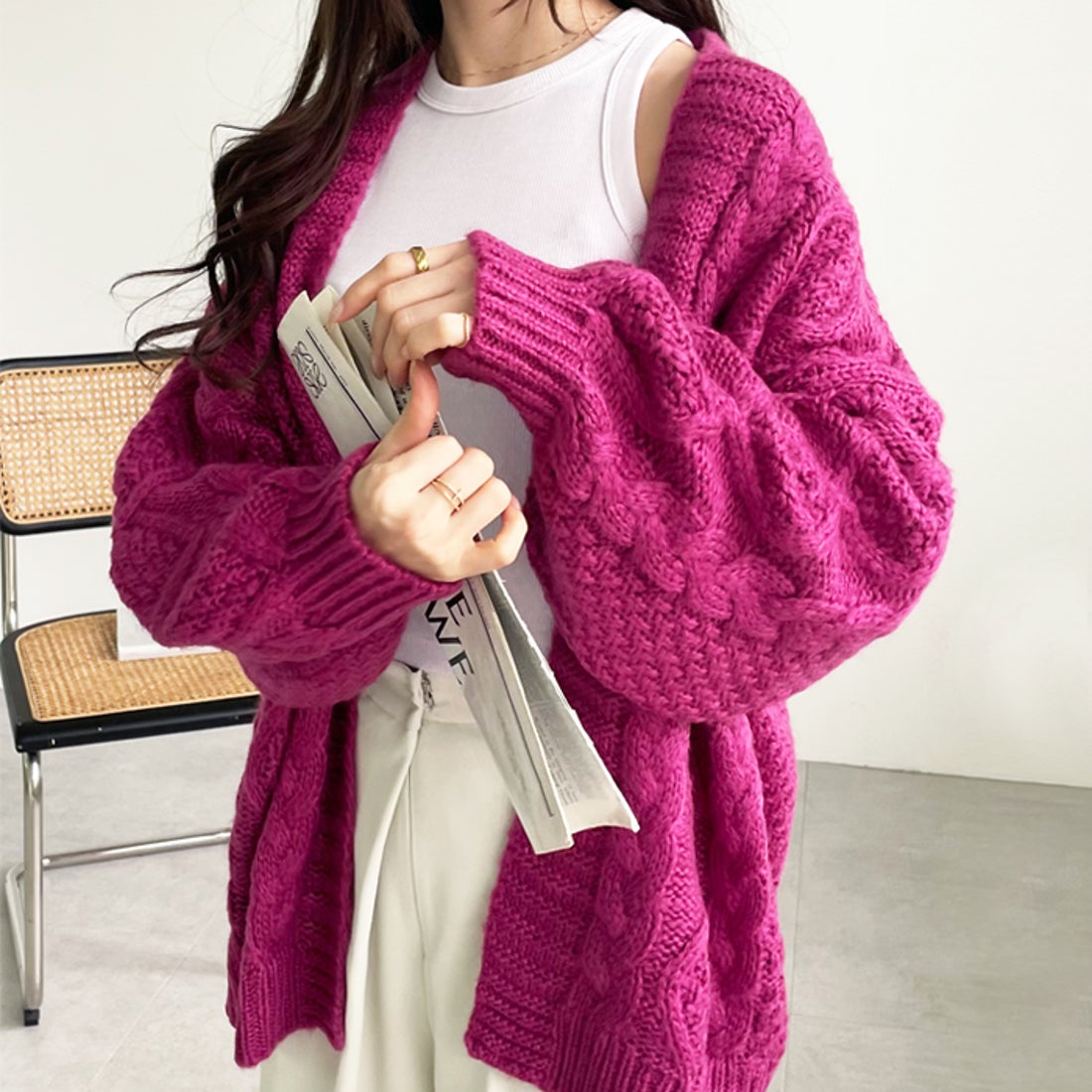 ジーラ GeeRA ボリュームスリーブケーブルニットカーデ （ピンク