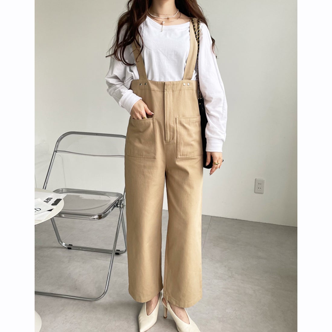 ジーラ GeeRA 綿混ツイルハイウエストサロペット （ベージュ