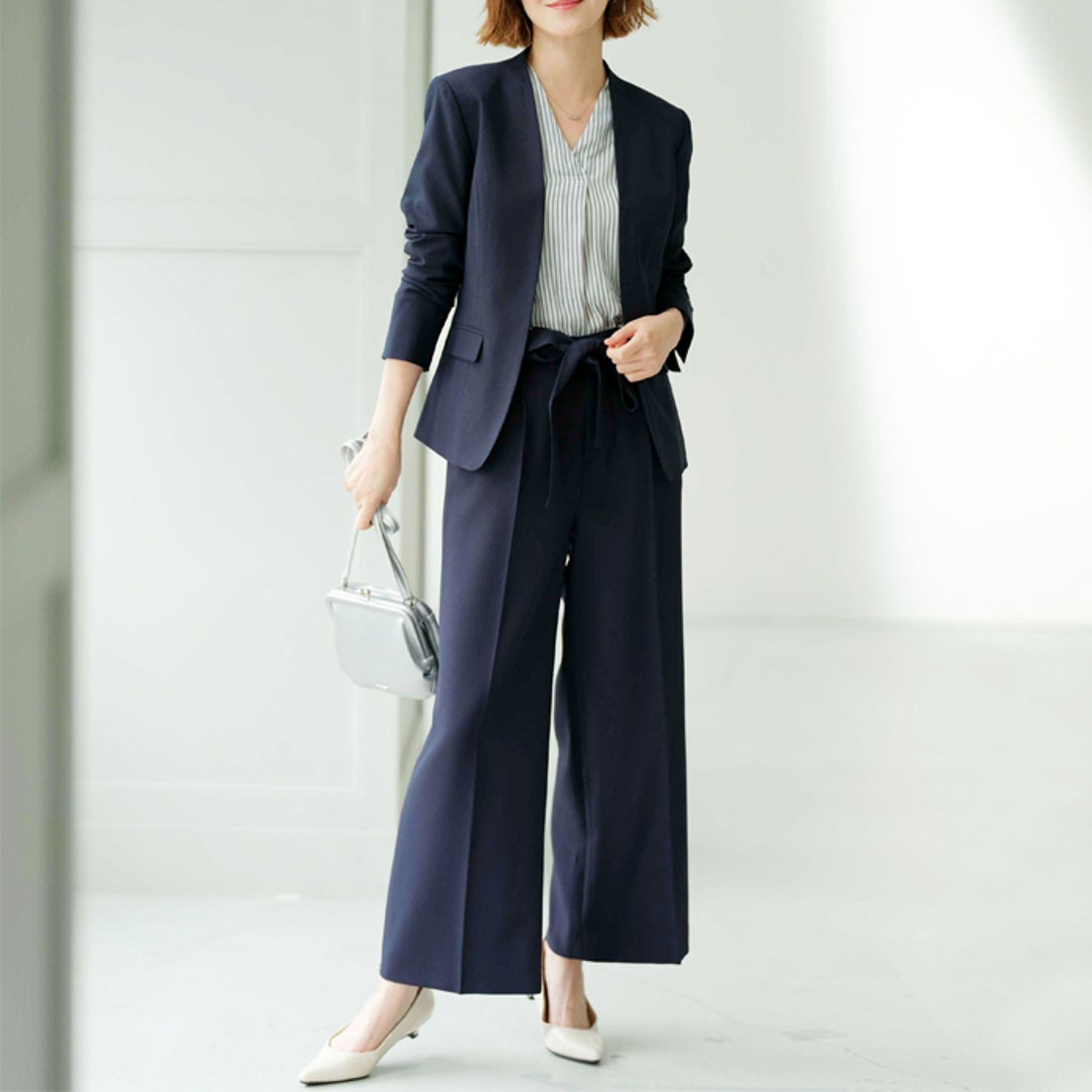 ジーラ GeeRA 【2点セットアップ】洗えるノーカラーワイドパンツ