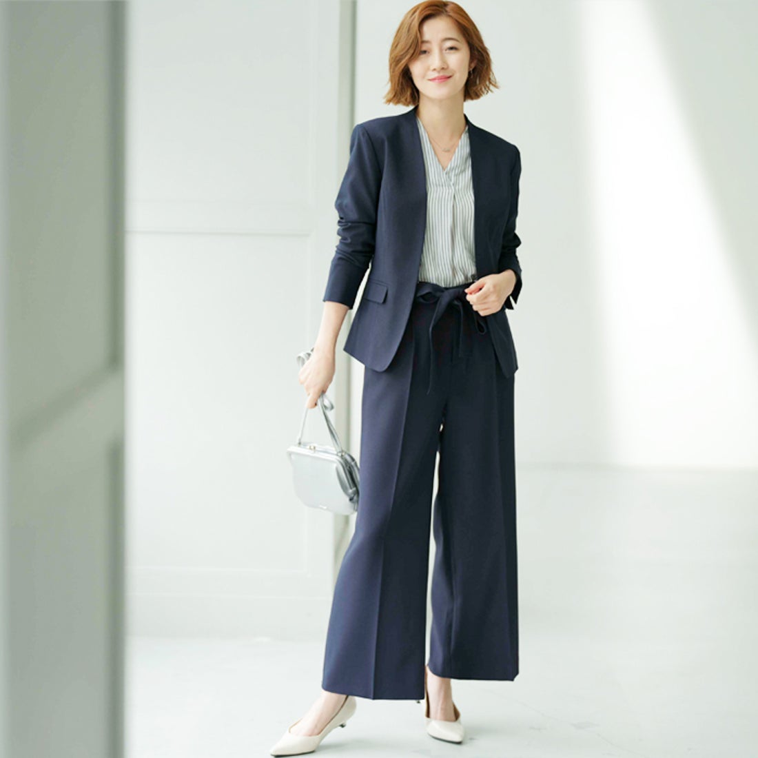 ジーラ GeeRA 【2点セットアップ】洗えるノーカラーワイドパンツ