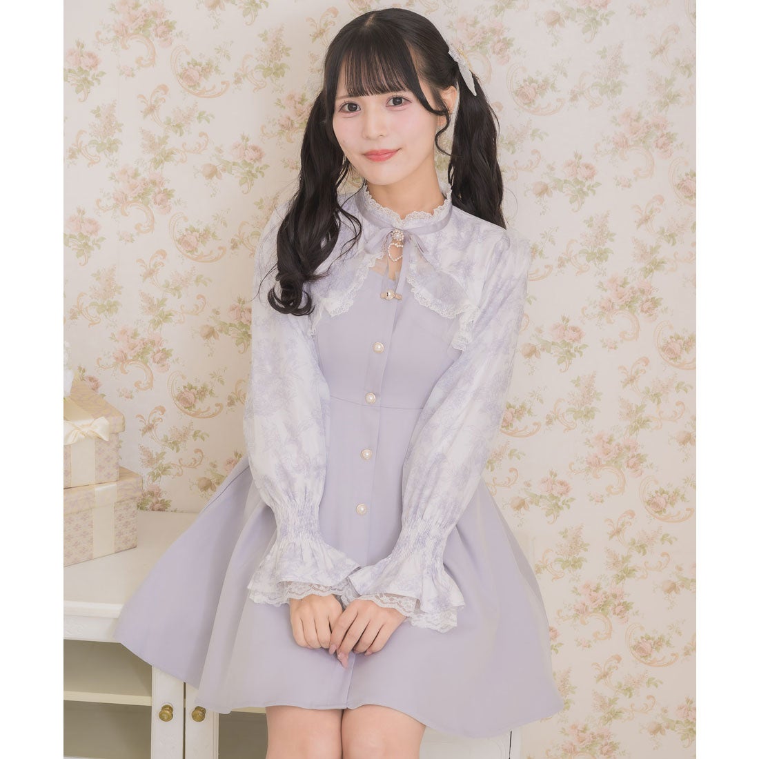 ロジータ ROJITA 花柄シアーラッフルワンピース （ブルー） -靴