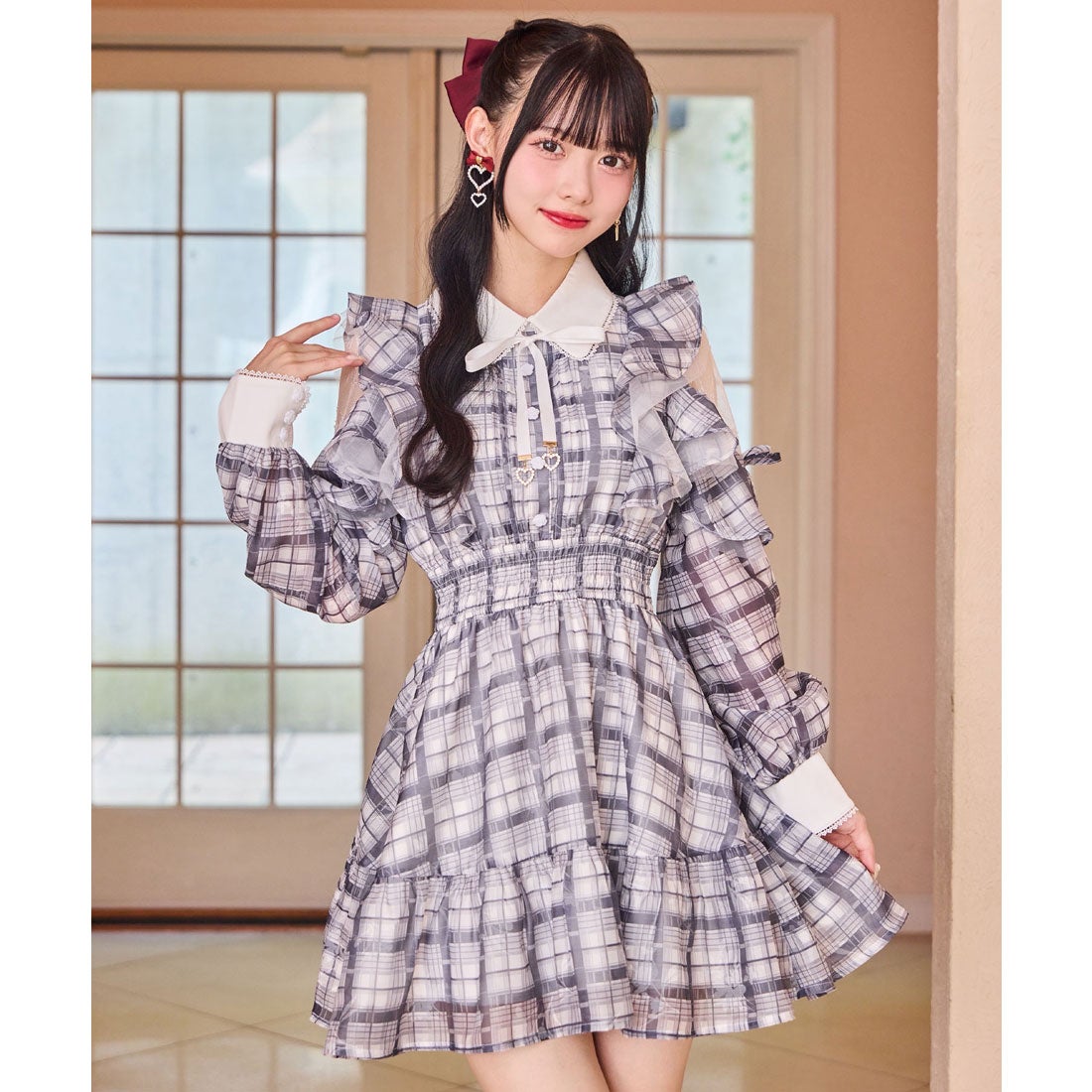 ロジータ ROJITA 花柄チェックミニワンピース （ブラック） -靴