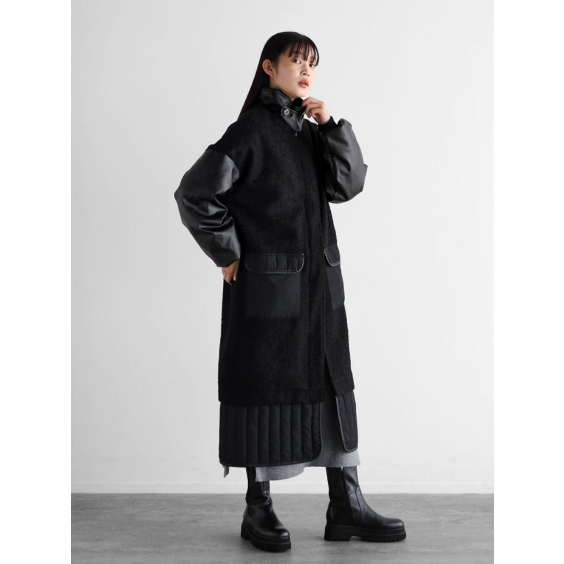 ラディエイト RADIATE 異素材ミックススタンドカラーロングコート