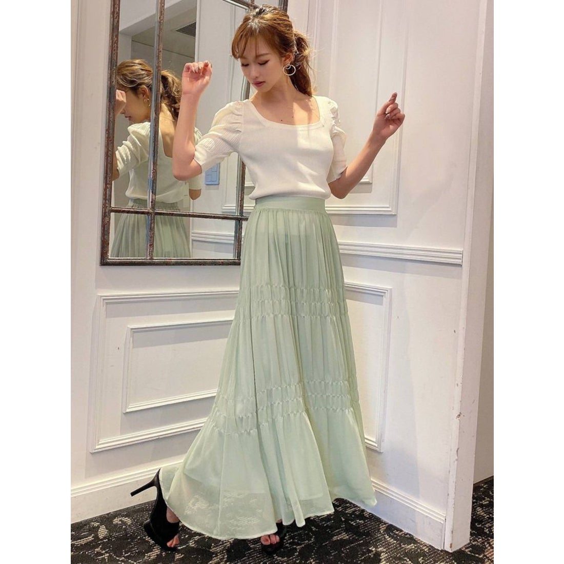 ミント アンスリード エコレザーレイヤードロングスカート ミント様