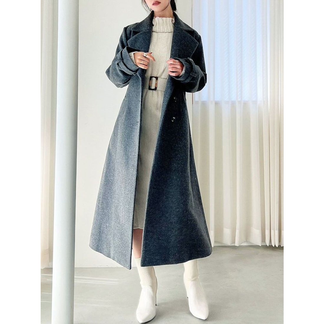 RESEXXY ビッグカラーロングコート（チャコールグレー） -ファッション