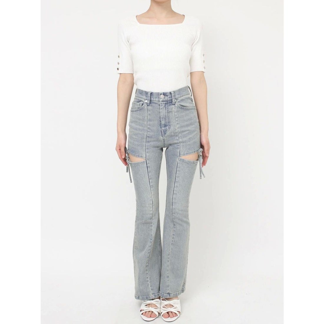 リゼクシー RESEXXY カットアウトリボンデニムパンツ （ブルー） -靴