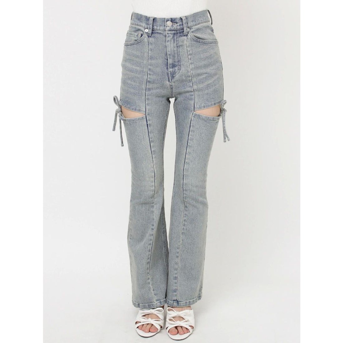 リゼクシー RESEXXY カットアウトリボンデニムパンツ （ブルー） -靴