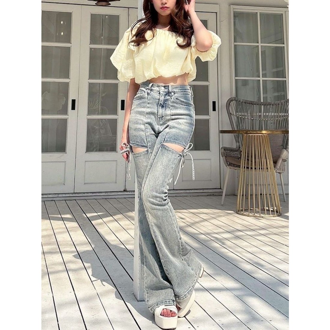 リゼクシー RESEXXY カットアウトリボンデニムパンツ （アイスブルー