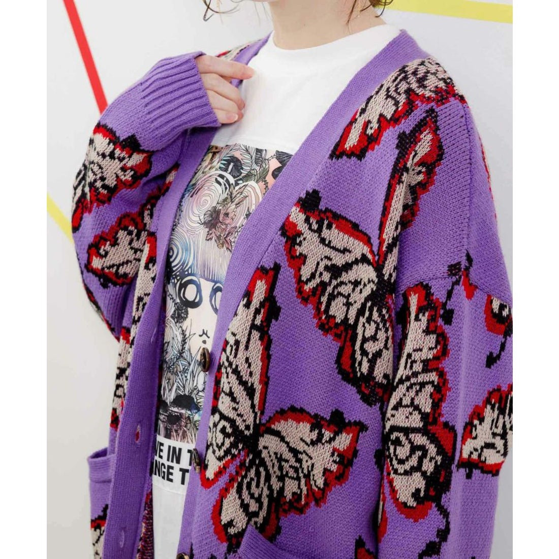 スカラー ScoLar 蝶柄ニットカーディガン （グリーン） -ファッション