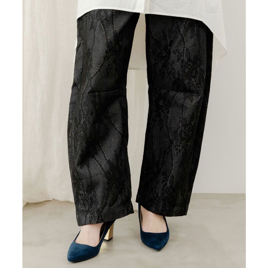 スカラー ScoLar 花柄レースデニムパンツ （ブルー） -ファッション