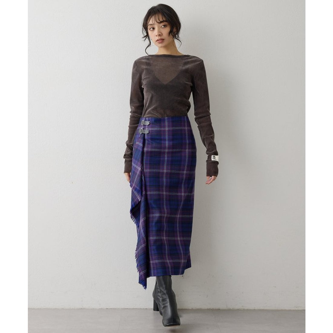 ウィムガゼット Whim Gazette チェックフリンジスカート （black