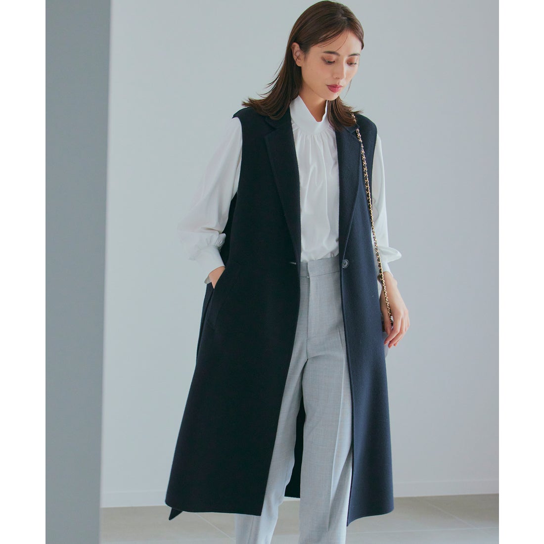 23区 ウールリバー ロング ジレ （ブラック系） -ファッション通販