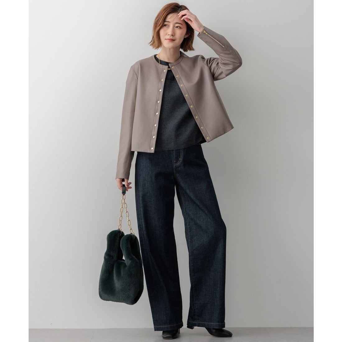 ニジュウサンク 23区 ラムレザー ノーカラージャケット （グレージュ系