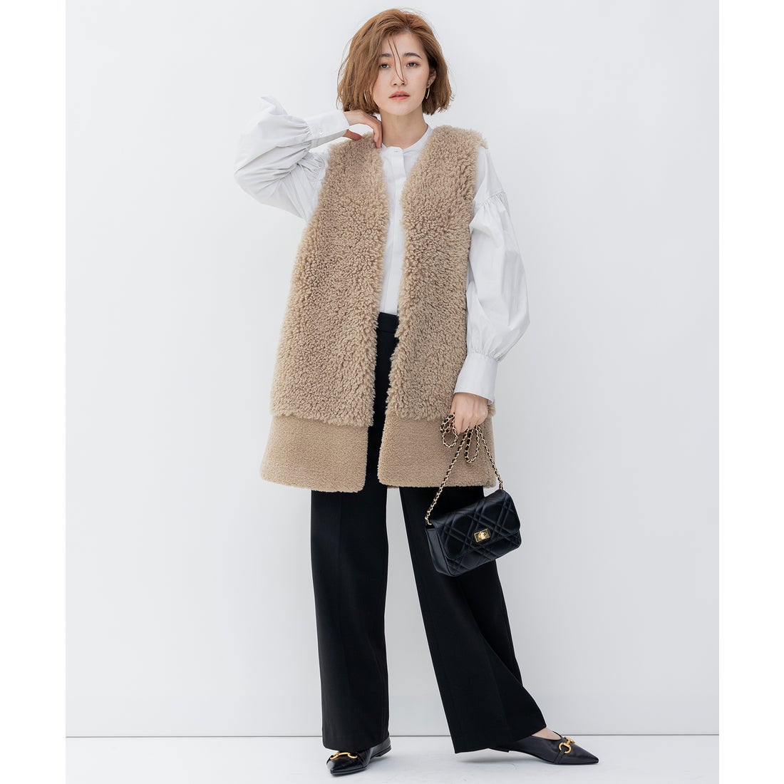 23区（大きいサイズ） ECOPEL カーリーファーコンビ ジレ （アイボリー