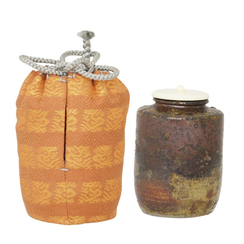 茶道具 茶入（ちゃいれ） 丹波焼 肩衝茶入 仕覆：角龍金襴、蓋 森本 丹