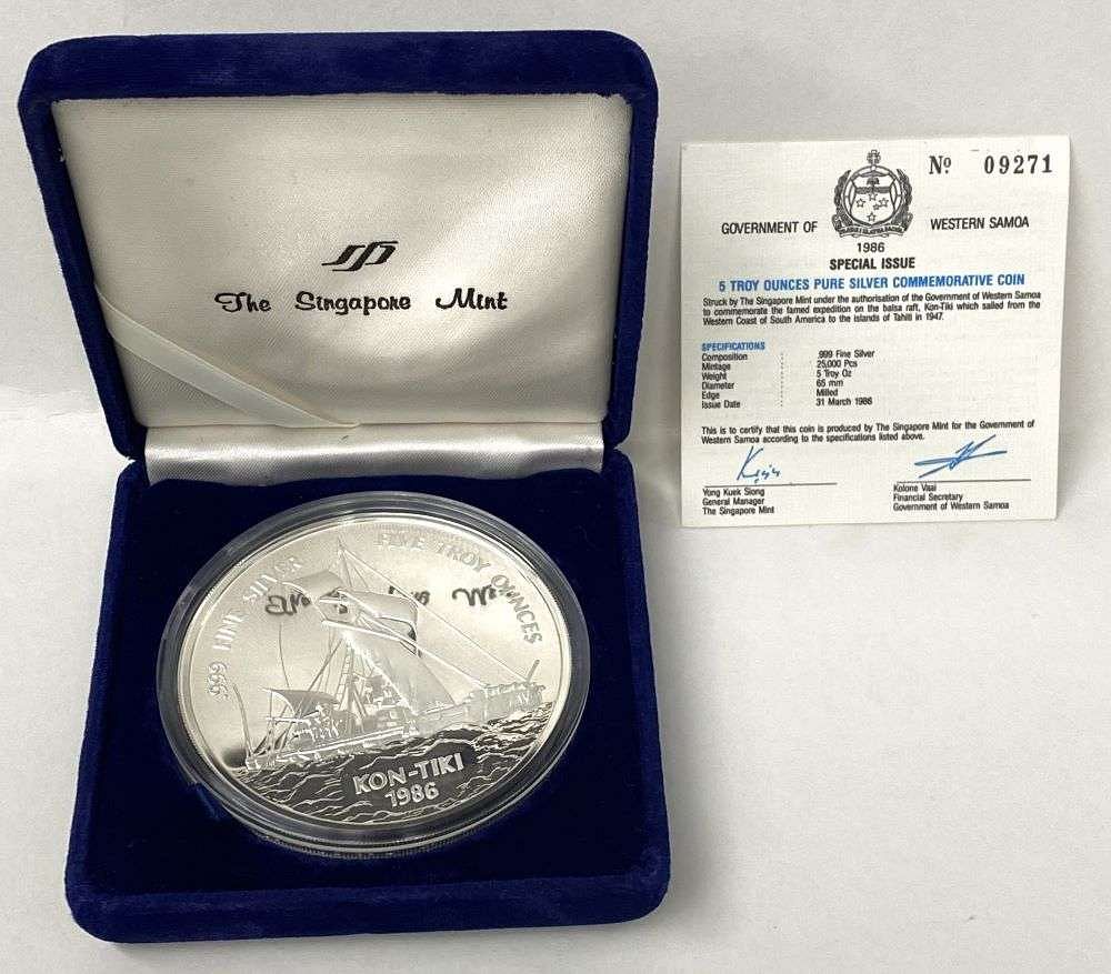1986 Samoa $25 Kon-Tiki Proof 5 ozt .999 Silver sold at auction on