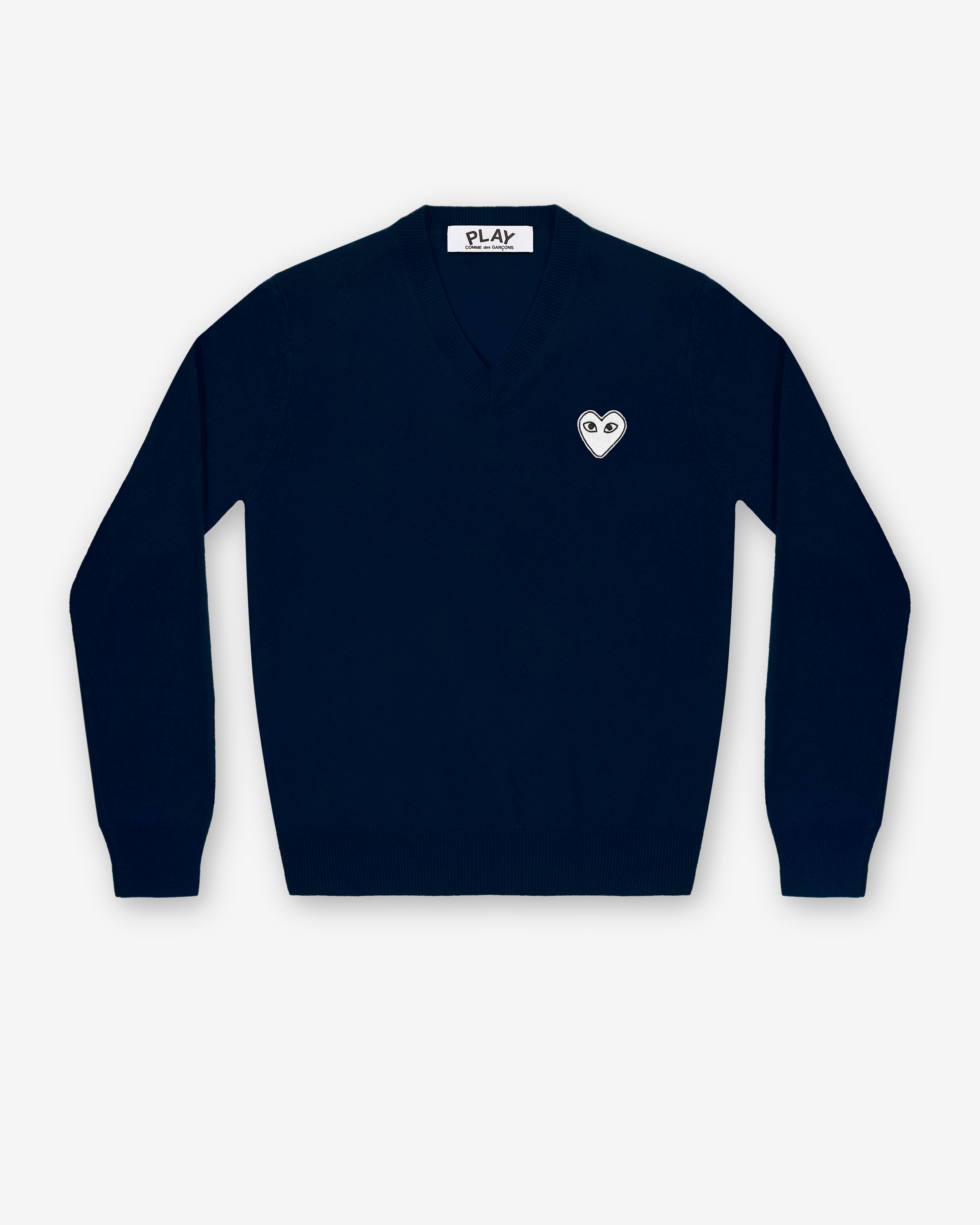 Play Comme des Garçons: White Heart V-Neck Sweater (Navy) | DSMNY