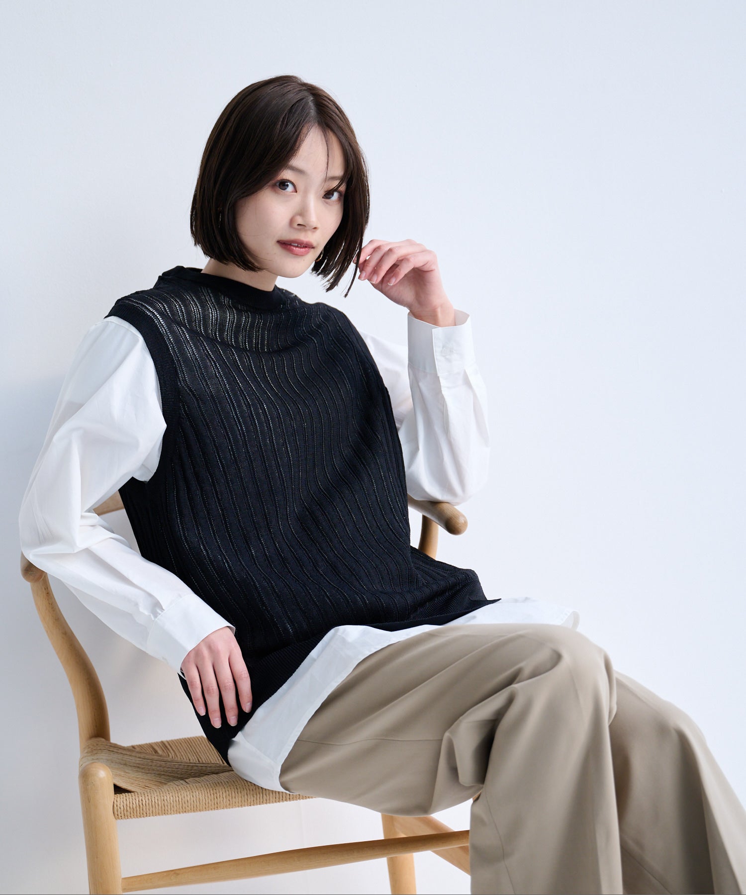 シアーニットベスト×シャツレイヤードセット（アンサンブル/レディース