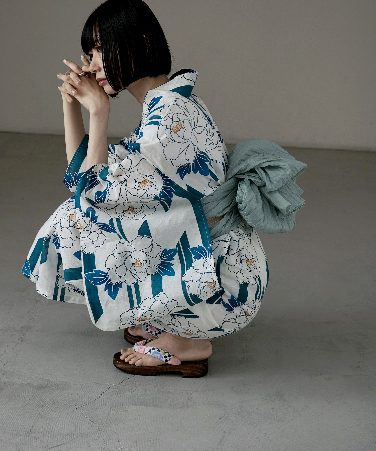 着付けのいらない簡単セパレート綿浴衣＋しわ兵児帯 2点セット 牡丹