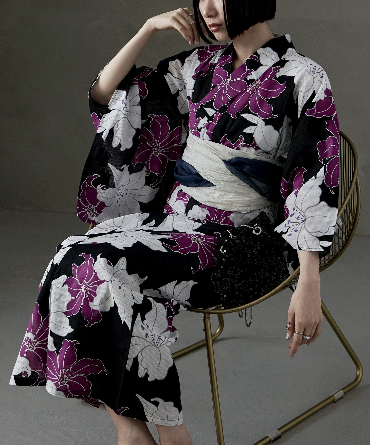 着付けのいらない簡単セパレート綿浴衣＋しわ兵児帯 2点セット 黒地に