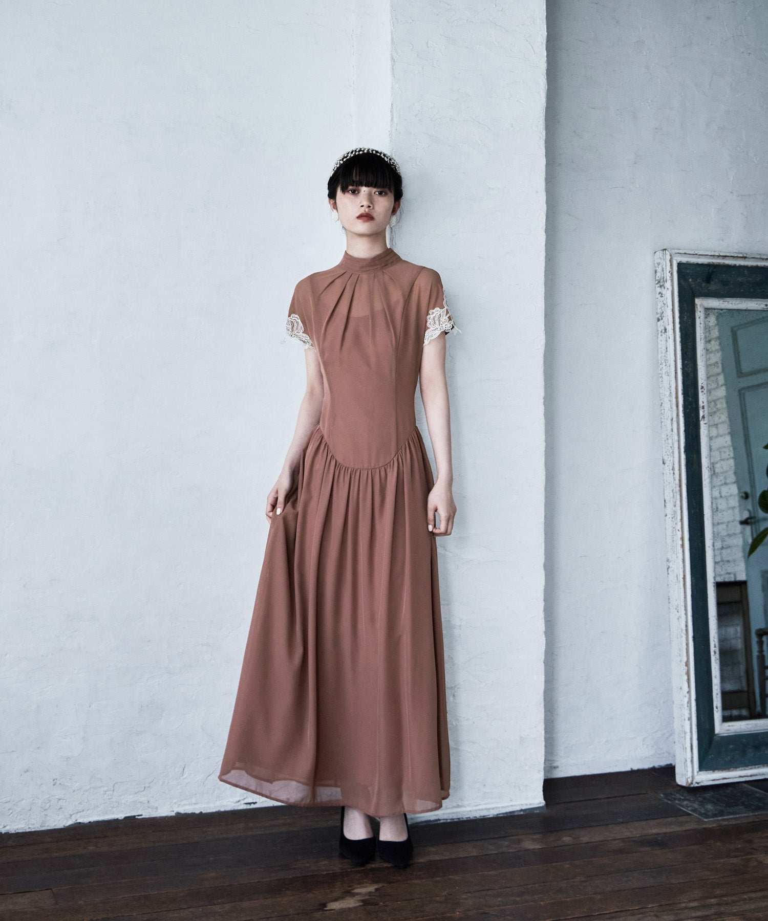 ドロップウエストスリーブレースドレス｜パーティードレス・結婚式