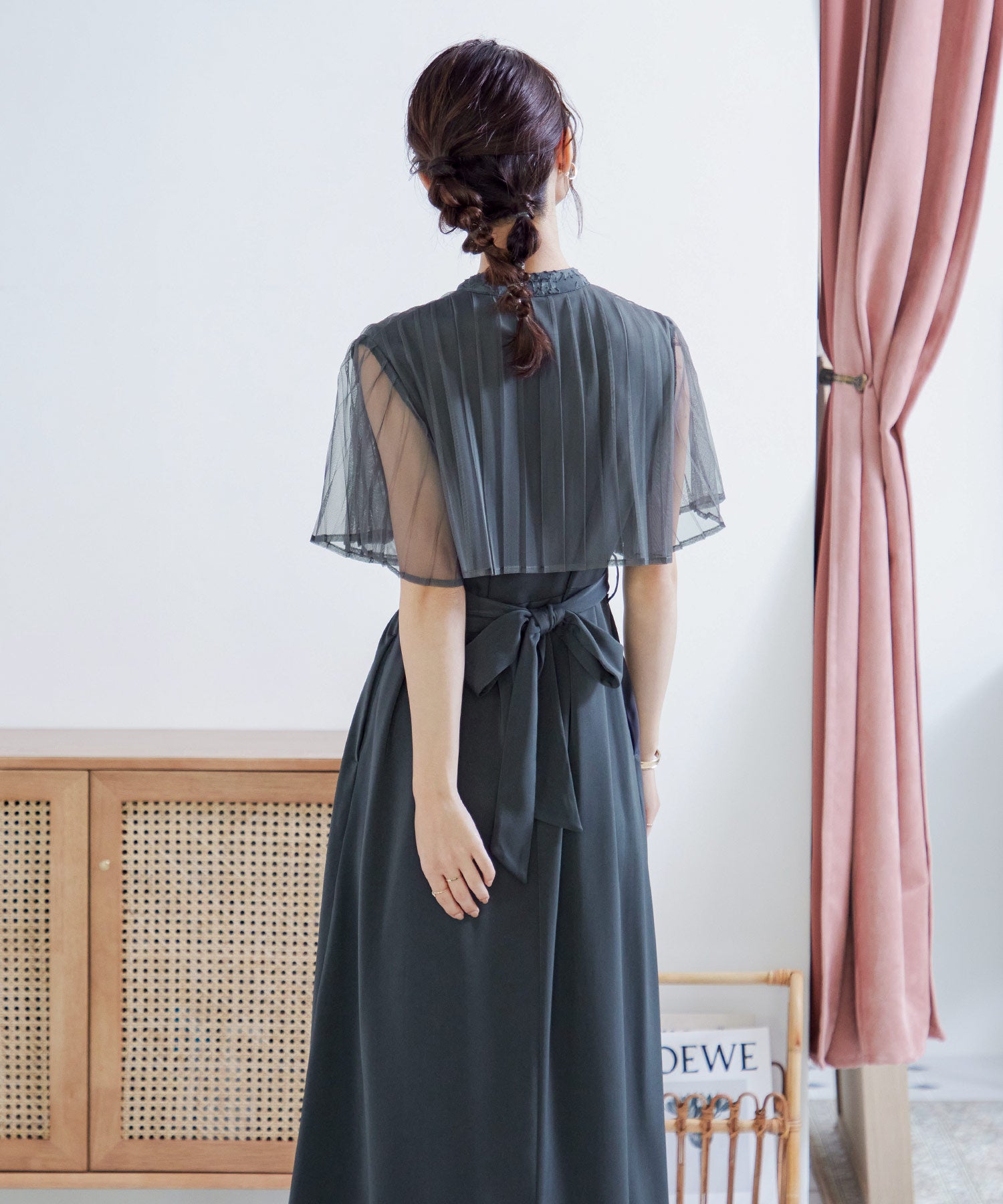 プリーツスリーブジャガード切り替えワンピースドレス｜パーティー