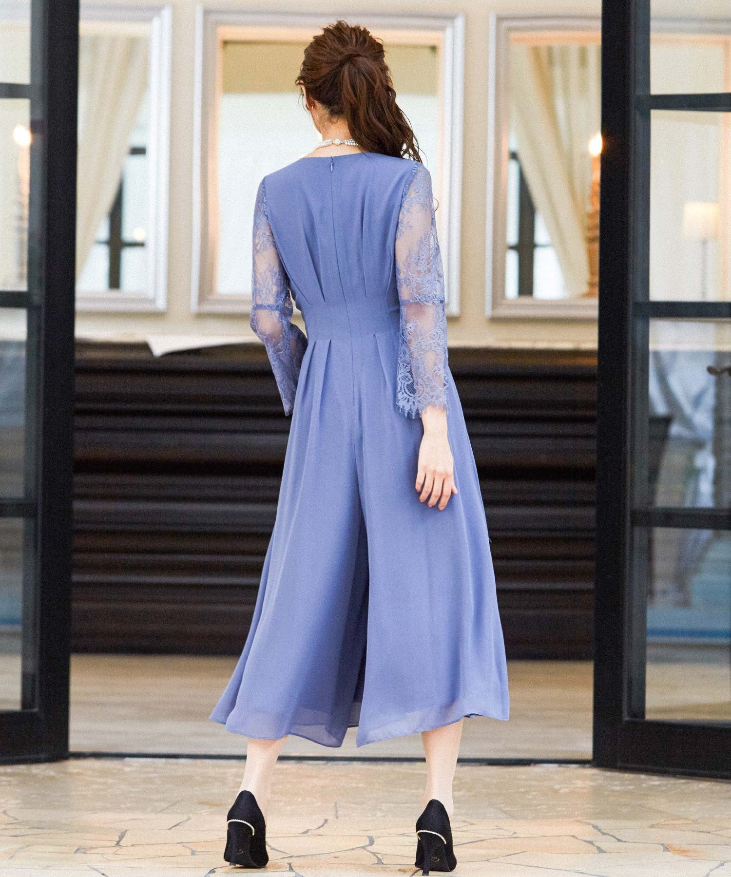 レーススリーブXライン 結婚式ワンピース パーティードレス