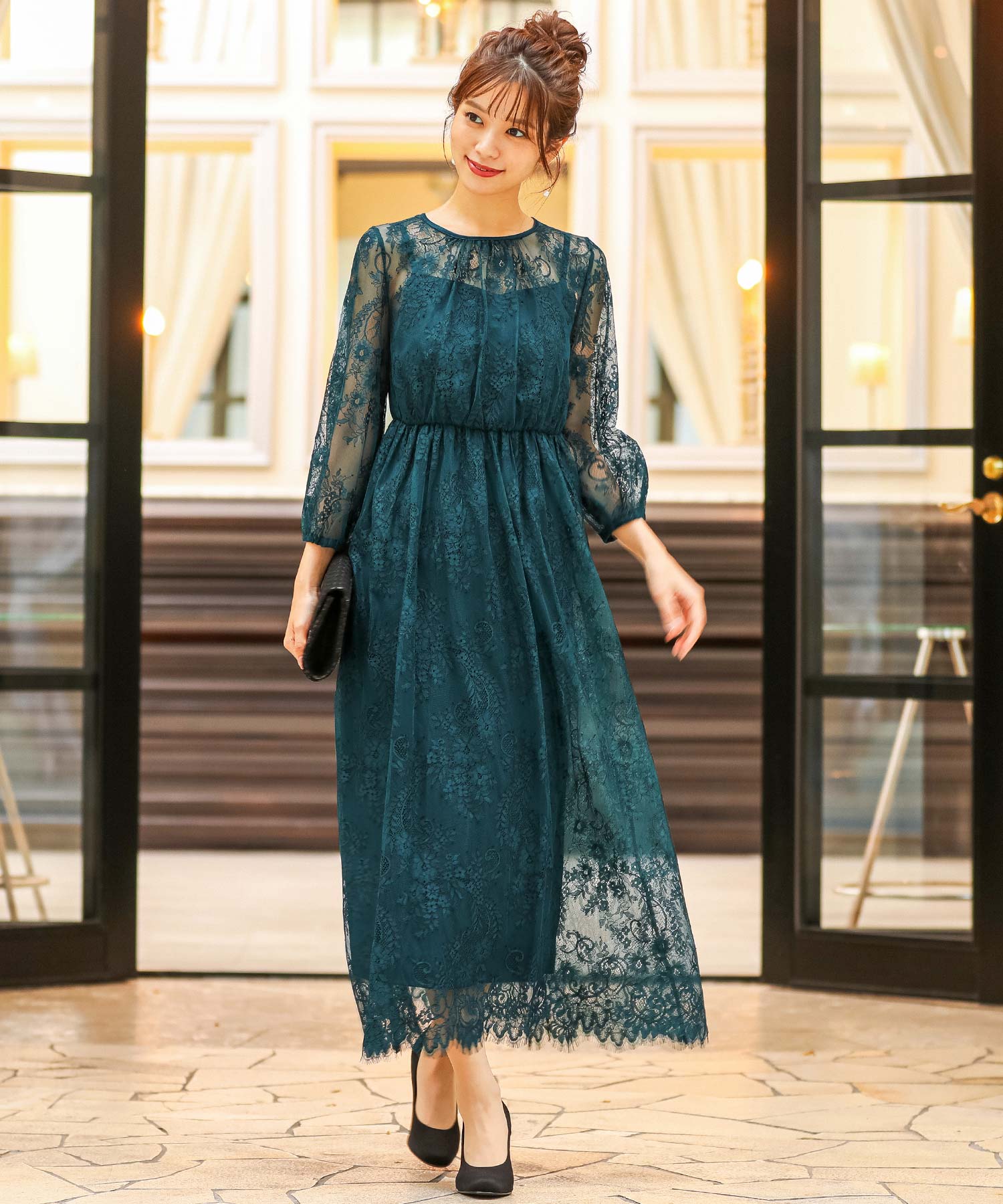 総チュールレースロング 結婚式ワンピース パーティードレス 成人式