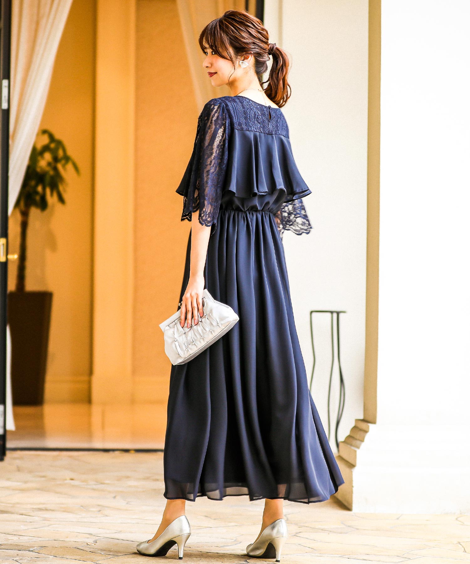 レーススリーブロング 結婚式ワンピース パーティードレス 成人式