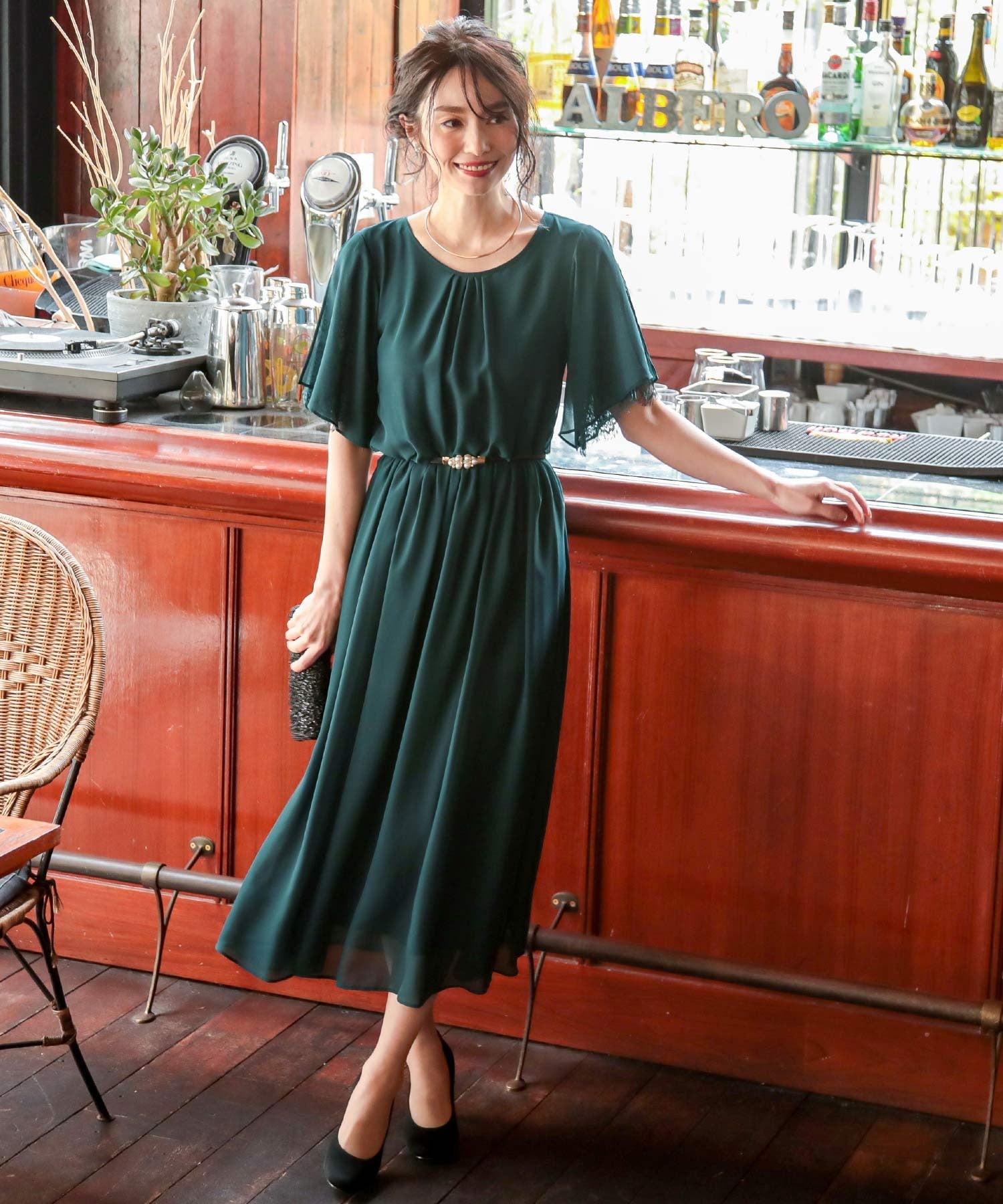 スリット入レーススリーブ 結婚式ワンピース パーティードレス