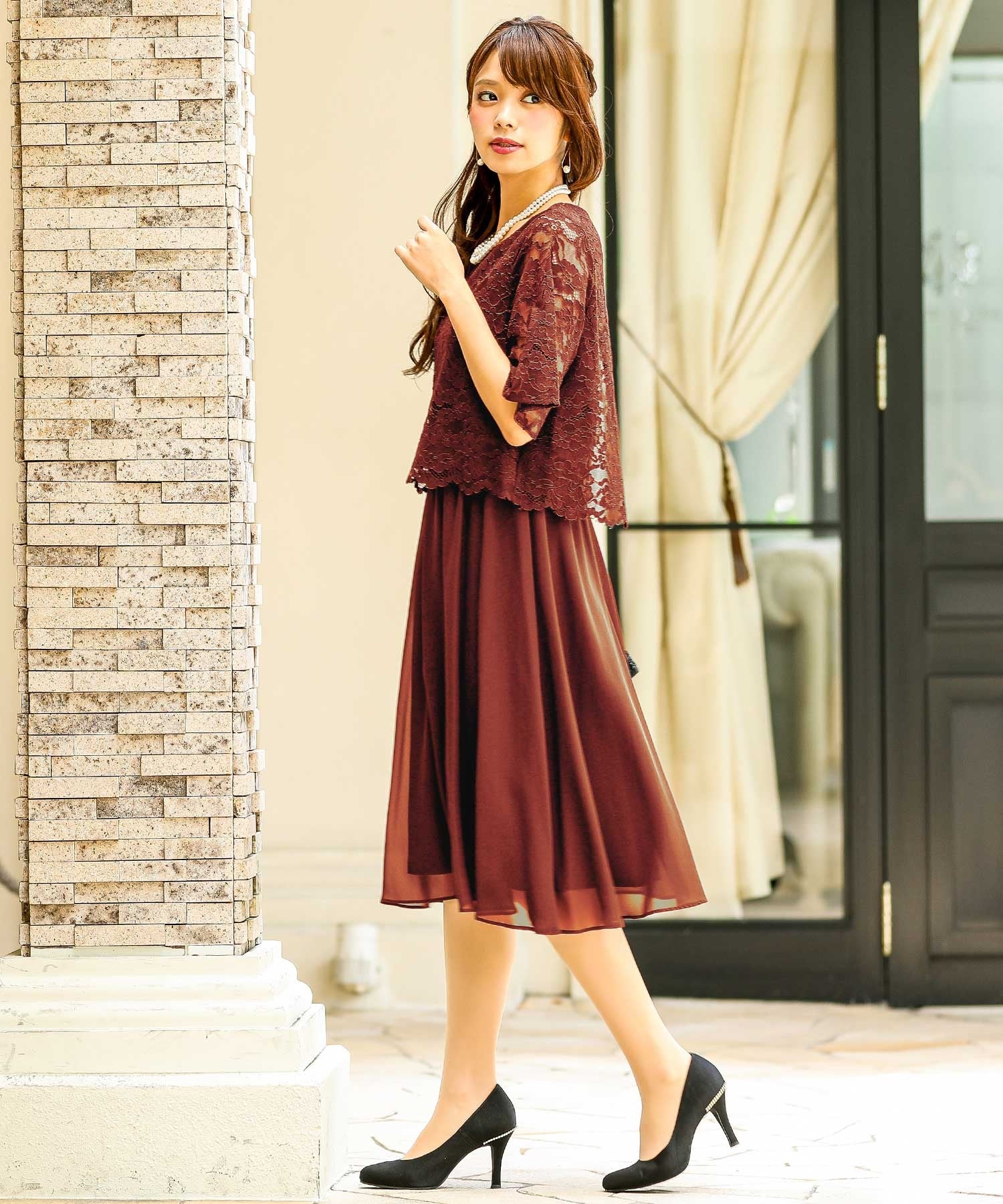 レース×シフォンドッキング 結婚式ワンピース パーティードレス