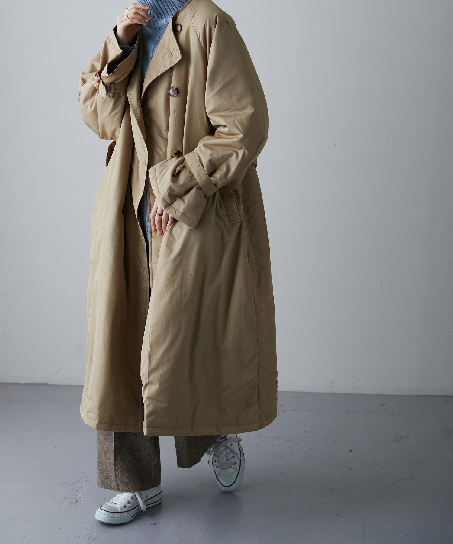 ノーカラー ロングトレンチコート 中綿入り｜コート・ジャケット - etoll.