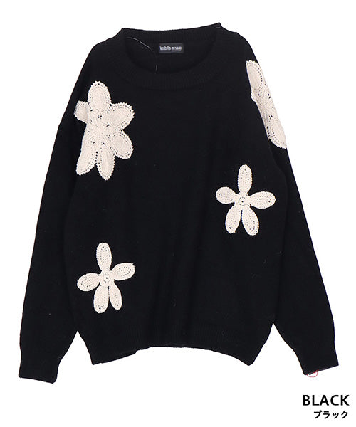 フラワーレースアップリケニットプルオーバー 06-3133｜40代 50代 60代