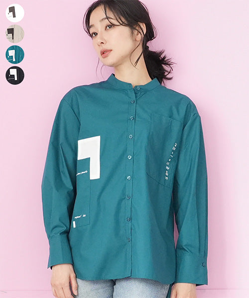 ロゴプリントパッチワーク長袖シャツブラウス 36-1860｜40代 50代 60代