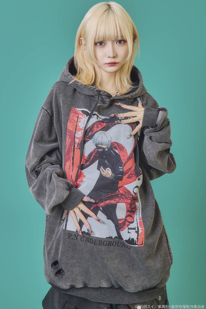 東京喰種×P.N UNDERGROUND 金木研ダメージパーカー - Wash Gray