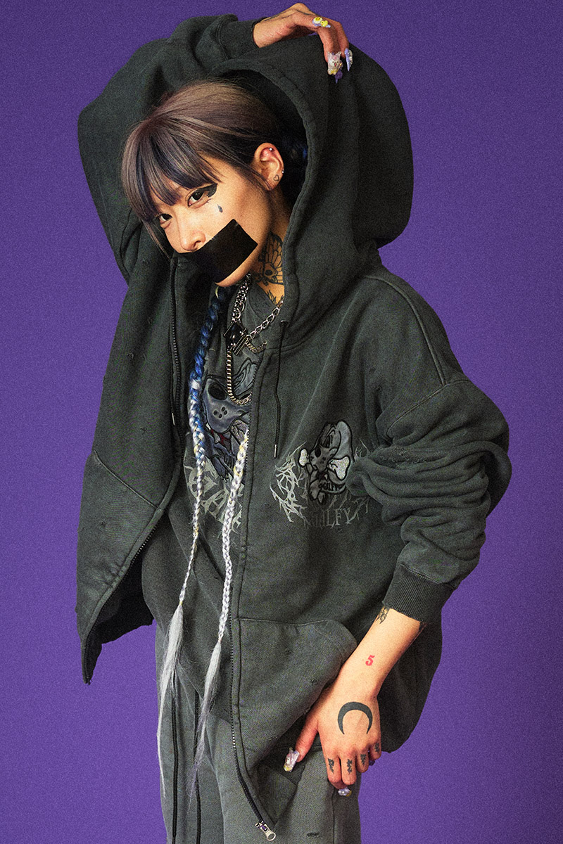 GALFY (ガルフィー) 染め染めわんちゃんボロボロパーカー INK BLACK