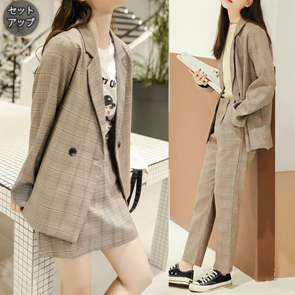 楽天市場】2C14 ジャケット＆スカート 2点セットアップ チェック柄