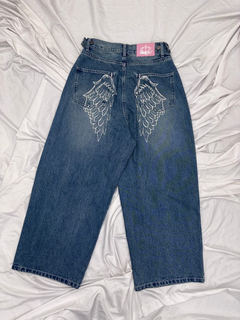 9090 girl Feather logo Studs Buggy Denim Pants