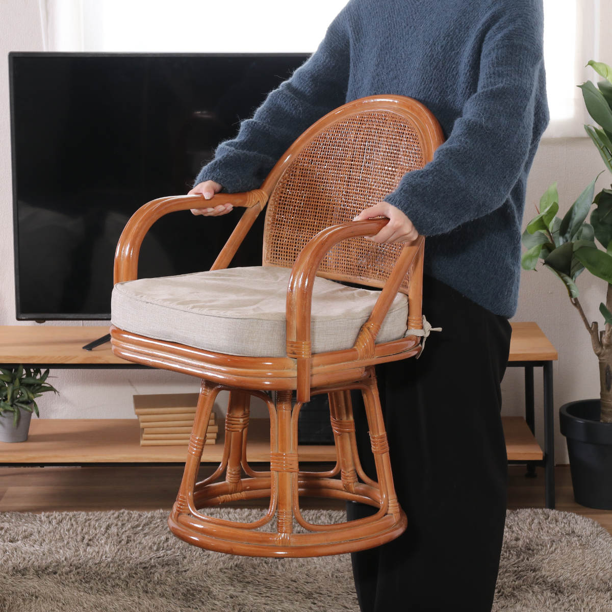 ラタン 回転チェア 座面高40cm クッション付 ハイタイプ （ 座椅子