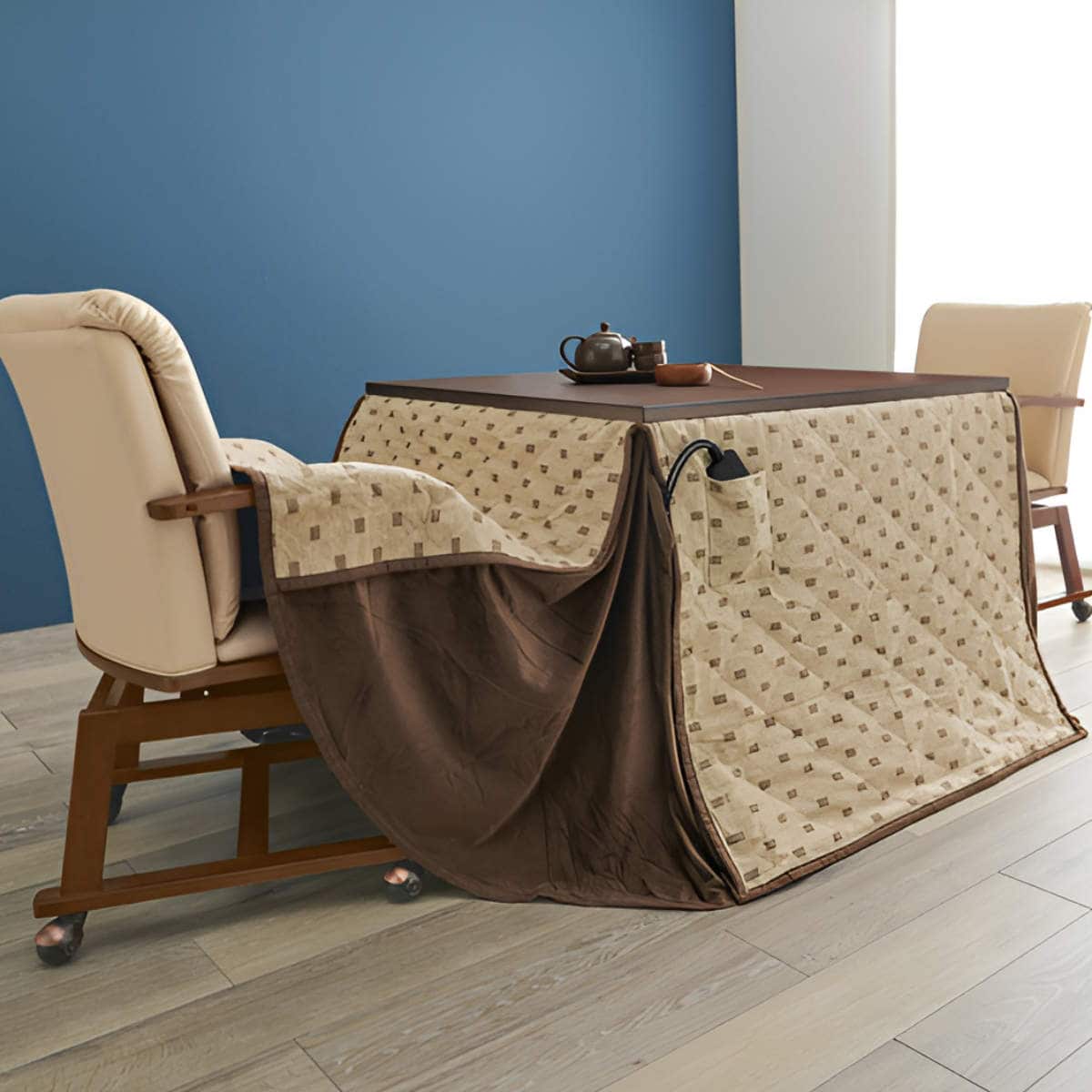 こたつ4点セット テーブル 幅90cm 布団 チェア2脚 キャスター付き ハイ