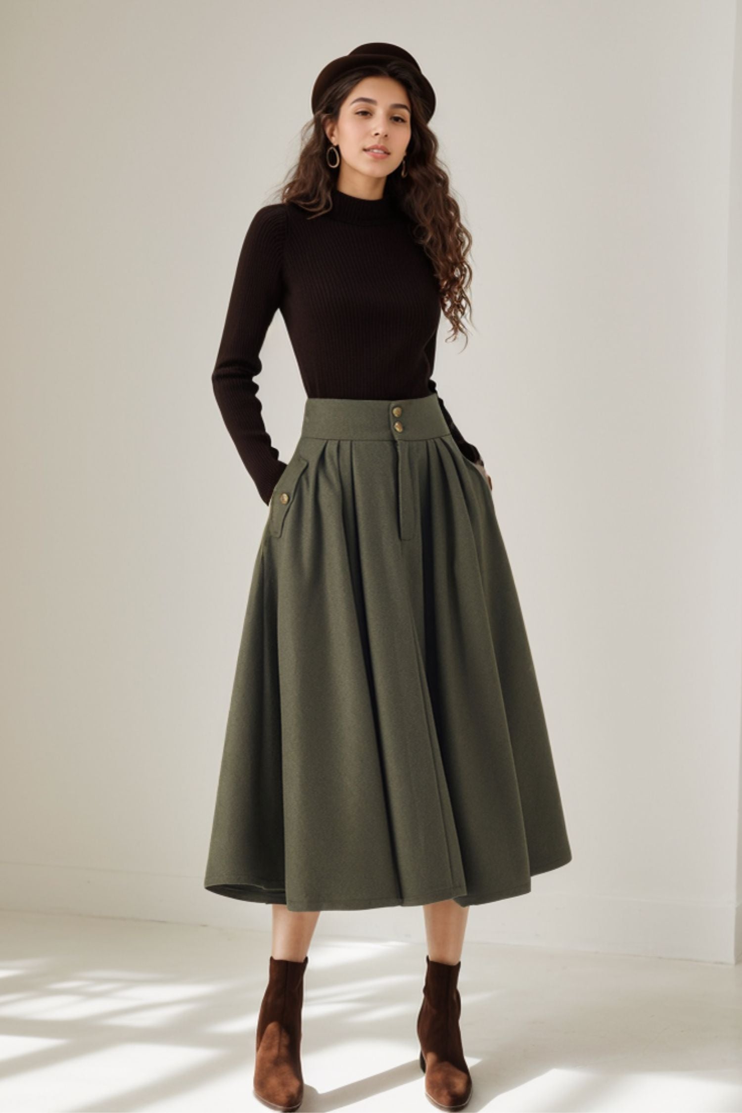 Handmade Wool Pleated Midi Skirt – Vintage Military Green