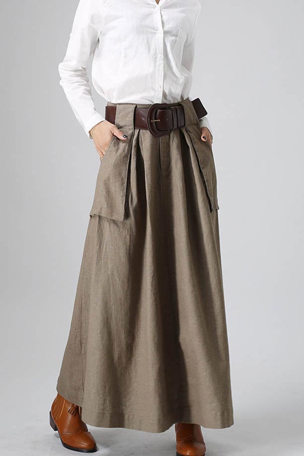 Khaki Linen Maxi Skirt – Vintage Long Skirt with Oversized Pockets