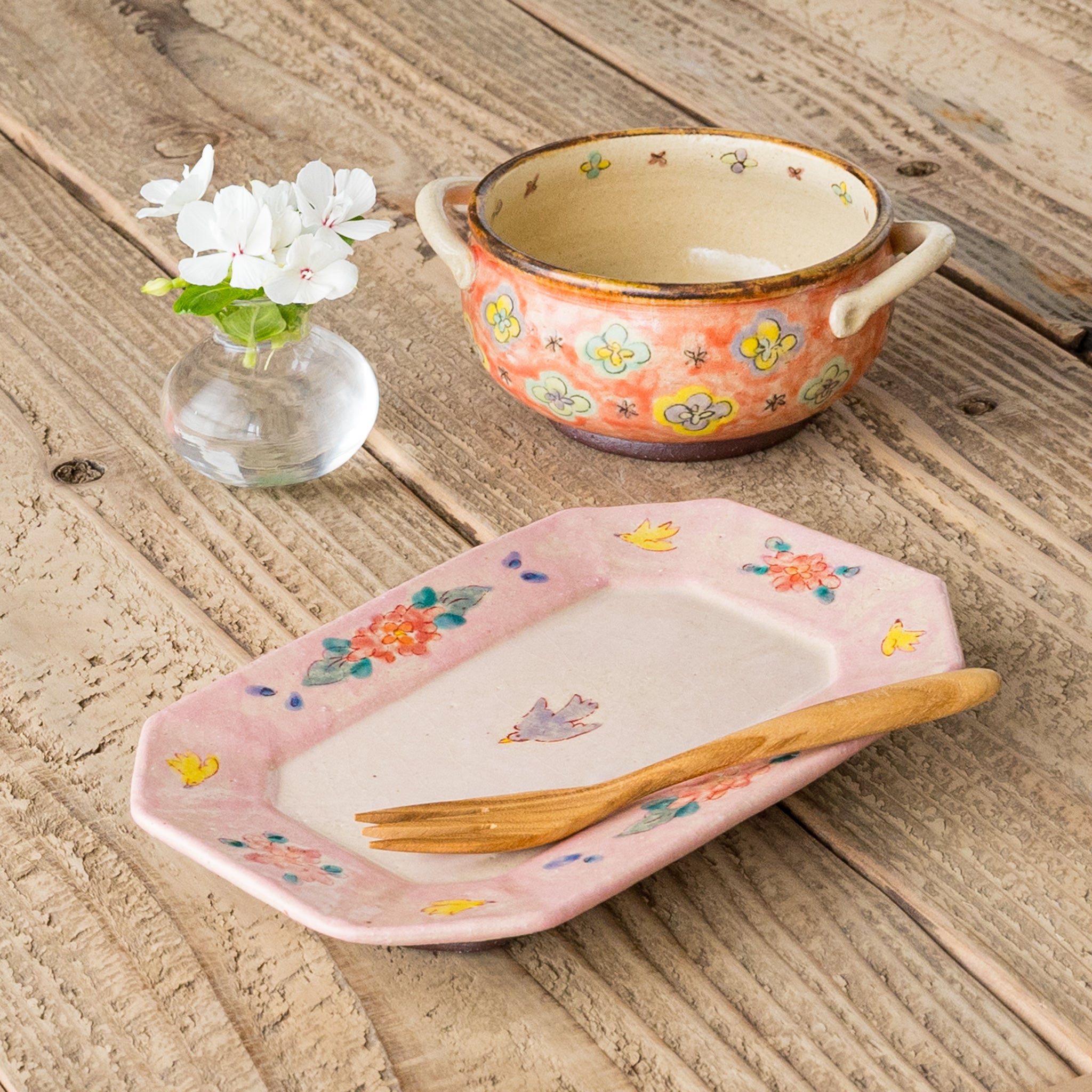 作家 増山文 長角中皿 縁桃紫鳥ピンク ｜作家もののうつわ通販 四季折