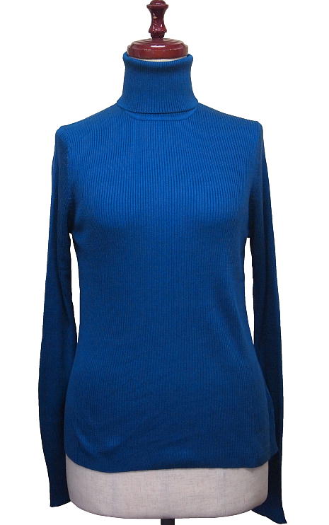 マリンブルー色リブ編みハイネックせーたー（絹100%） |天然素材